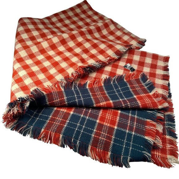 LL Bean Picnic Throw Blanket Plaid Fringe Patriotic Red Blue White - Picture 1 of 13